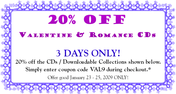 20% OFF Select Sewing & Quilting CDs. 3 DAYS ONLY! 20% off the CDs / Downloadable Collections shown below. Simply enter coupon code VAL9 during checkout. Offer good January 16, 2008 - January 18, 2009 ONLY!