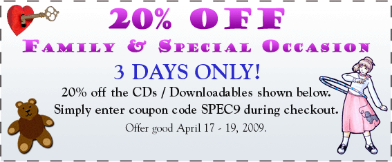 20% OFF Select Easter & Spring CDs. 3 DAYS ONLY! 20% off the CDs / Downloadable Collections shown below. Simply enter coupon code ESTR9 during checkout. Offer good March 20-22, 2009 ONLY!